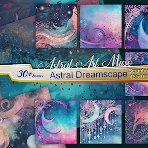 Astral Dreamscape 30 digitale scrapbook papier patronen van Stardust Astral Teal Blues, Coral & Purples, hemelse Instant Download Printables