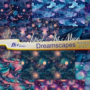 Dreamscape naadloze digitale patronen van sterrenstof astrale tonen van blauw, koraal en roze, hemelse rijken in instant download printables