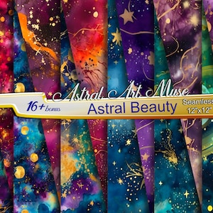 Astral Beauty Naadloze veelkleurige aquareltexturen van gouden sterren Planeten Stardust Instant Download digitale afdrukbare oppervlaktepatronen