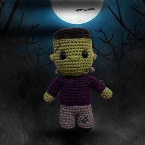May include: A green and purple crocheted Frankenstein monster doll with black eyes and a stitched scar on its neck. The doll is standing in front of a dark, foggy forest with a full moon in the background.