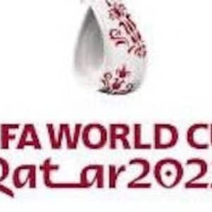 May include: The FIFA World Cup Qatar 2022 logo features a white ribbon with a maroon decorative pattern. The text "FIFA WORLD CUP" is above "Qatar2022" in maroon.