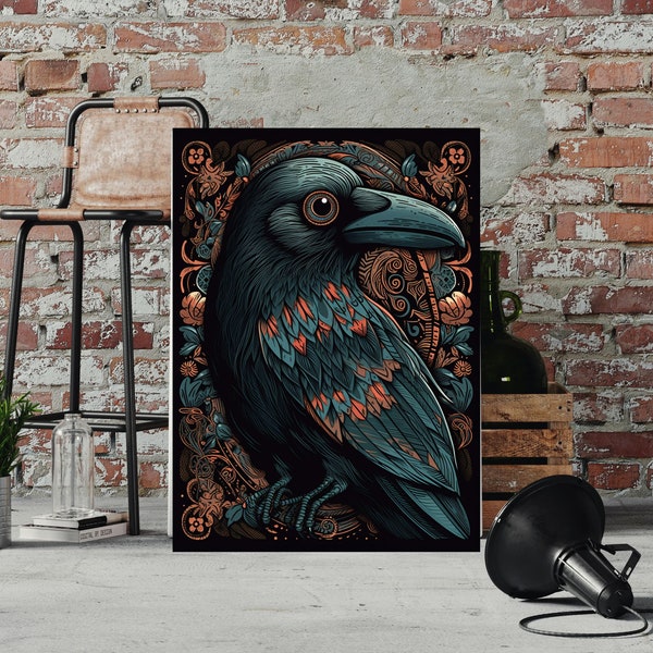 Raven Illustration Graphic Wall Art, Raven Art Print, Raven Portrait Art Print, Digital Download Wall Art, Crow Wall Art, Nature Photo Print