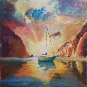 Original Pastel painting, sailboat anchored in a bay at sunset