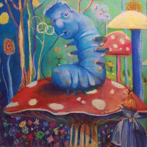 Limited Edition Whimsical Blue Caterpillar pastel print | Alice in Wonderland | Colorful art | Mushroom Forest | Absolem Painting
