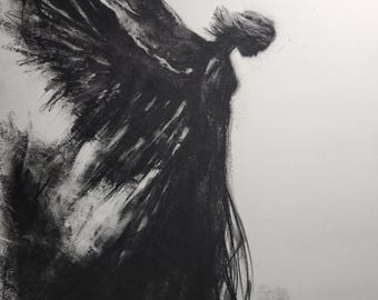 Into the Dark | Unframed Charcoal Print | Black and White | Emotional Home Decor | Woman Angel | Darkness