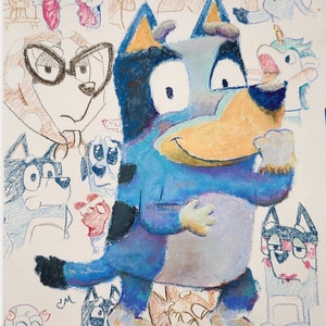 Bluey ingelijste print 12 x 18" | Brutaal blauw en favoriete scènes | Winston, oma, bingo, magische xylofoon | Fanart voor kinderen