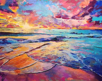 Druk pastelowy | Piękny zachód słońca nad oceanem | Kolorowe, abstrakcyjne fale rozbijające się o brzeg | Sztuka nadmorska