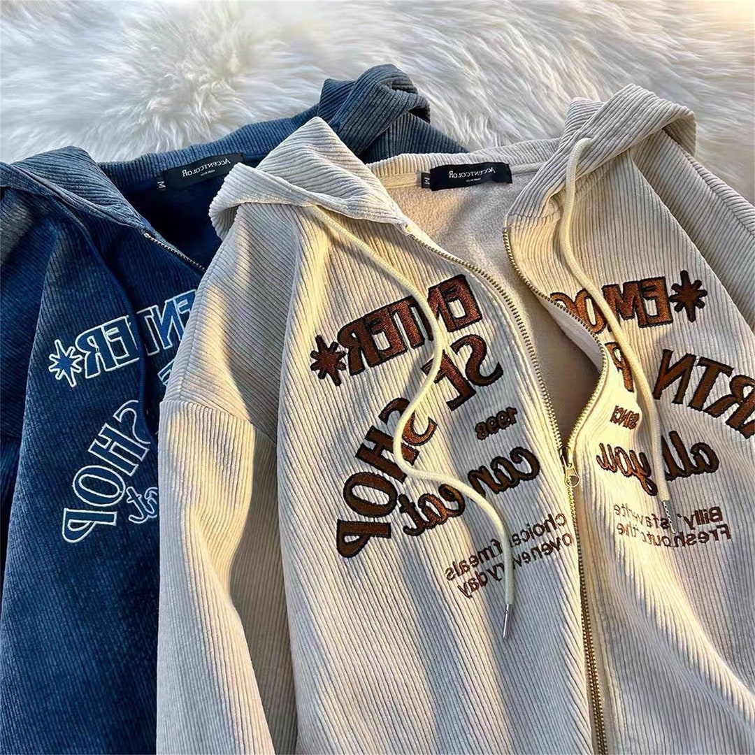 Vintage Zip Up Hoodie, Retro Letter Embroidery Hoodie, Oversized Hoodie, Punk Unisex Hoodie, Harajuku Hoodie, Y2K Streetwear, Couple Hoodies