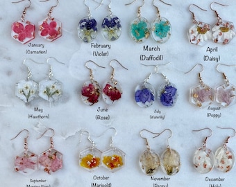 Birth Flower Earrings, Resin Earrings, Dried Flower Jewelry, Custom Earring, Bridesmaid Gifts, Gift for Her, Birth Month Flower Earring