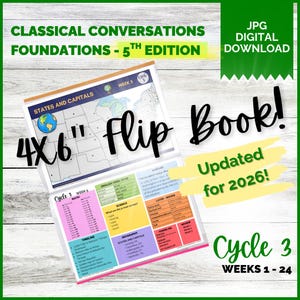Peut inclure: Un livret à spirales de 10x15 cm pour Classical Conversations Foundations 5th Edition, Cycle 3, semaines 1 à 24. Le livre ouvert affiche une carte des États et capitales, des tableaux de maths, sciences, histoire, latin et géographie.