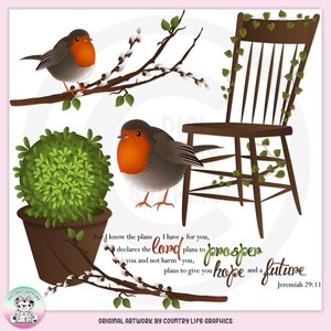 May include: A digital illustration of a robin perched on a branch with green leaves and white blossoms. The robin is red and gray with a yellow beak. The background is white with a quote from Jeremiah 29:11, "For I know the plans I have for you, declares the Lord, plans to prosper you and not to harm you, plans to give you hope and a future."