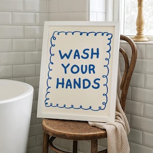 Wash Your Hands Digital Print – Blue Typography Bathroom Wall Art, Minimalist Funny Handwashing Sign, Cute Kitchen Decor Printable Download