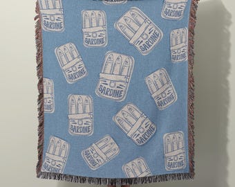 Sardine Tin Woven Throw Blanket | Coastal Cotton Fish Decor, Blue Nautical Accent
