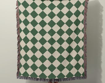 Green Checkerboard Woven Throw Blanket | Diamond Pattern Cotton Jacquard Home Decor