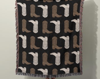 Western Boots Jacquard Woven Throw Blanket | Cowgirl Rodeo Decor
