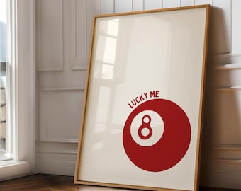 Lucky Me Digital Print – Retro 8 Ball Wall Art, Neutral Beige Minimalist Poster, Bold Red Pool Ball Decor, Instant Download Artwork