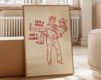 Save a Horse Ride a Cowboy Digital Print – Western Wall Art, Cheeky Cowboy Girl Poster, Retro Line Drawing, Instant Download, Digital Print