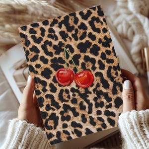 Leopard Print Cherries Journal, Cute Lined Notebook with Cherry Design, Aesthetic Animal Print Journal for Writing, Notes, and Gifts