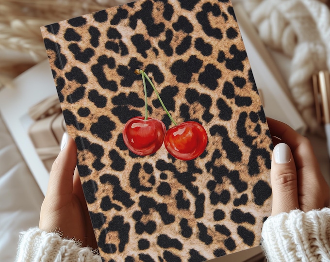 Leopard Print Cherries Journal, Cute Lined Notebook with Cherry Design, Aesthetic Animal Print Journal for Writing, Notes, and Gifts