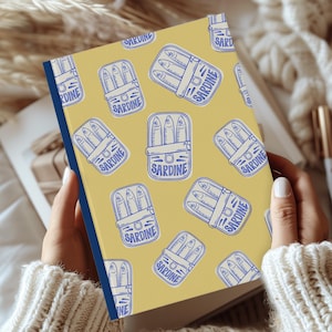 Custom Sardine Journal, Quirky Notebook with Sardine Tin Pattern, Personalized Spine, Wellness and Travel Journal, Fun Gift for Friends