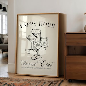 Yappy Hour Social Club Printable Art | Retro Cocktail Bar Wall Decor | Happy Hour Digital Download | Speakeasy Party Print for Home Bar
