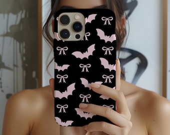 Cute Pink Bats and Bows Halloween Phone Case, Spooky Girly Gift
