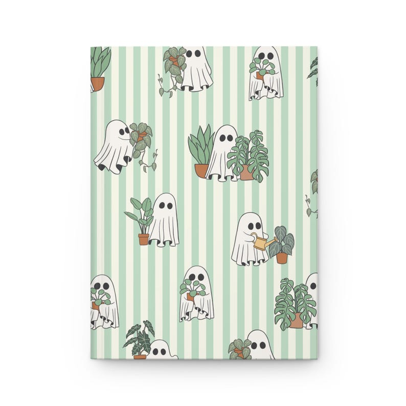May include: A notebook with a repeating pattern of white ghosts tending to potted plants on a light green and white striped background. The ghosts are watering and holding the plants. The notebook is rectangular.