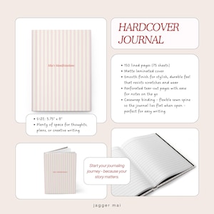 May include: A hardcover journal with a pink and white striped cover. The journal is 5.75" x 8" and features 150 lined pages. The cover reads "Mia's Manifestations". The journal has a matte laminated cover and a smooth finish.