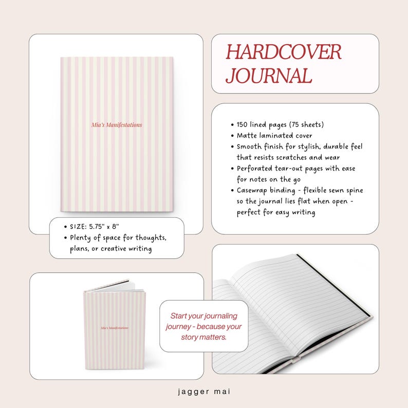 May include: A hardcover journal with a pink and white striped cover. The journal is 5.75" x 8" and features 150 lined pages. The cover reads "Mia's Manifestations". The journal has a matte laminated cover and a smooth finish.