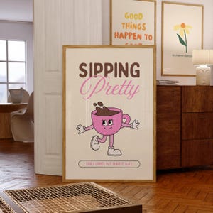 Niedliche Kaffee Wand Kunst | Schönen Kaffee schlürfen Digitaldruck | Niedliches tägliches Grind Kawaii Poster | Rosa Kaffeetasse Küche Dekor | Digitaler Download