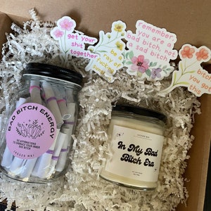 Bad Bitch Gift Box | Badass Affirmation Care Package  | Positive Affirmations for Women and Men, Candle + Sweary Affirmation Stickers