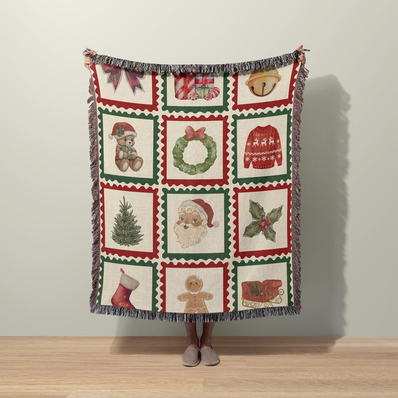 Manta jacquard navideña retro / Diseño patchwork de trineo y corona de Papá Noel / Opciones inclusivas de Papá Noel