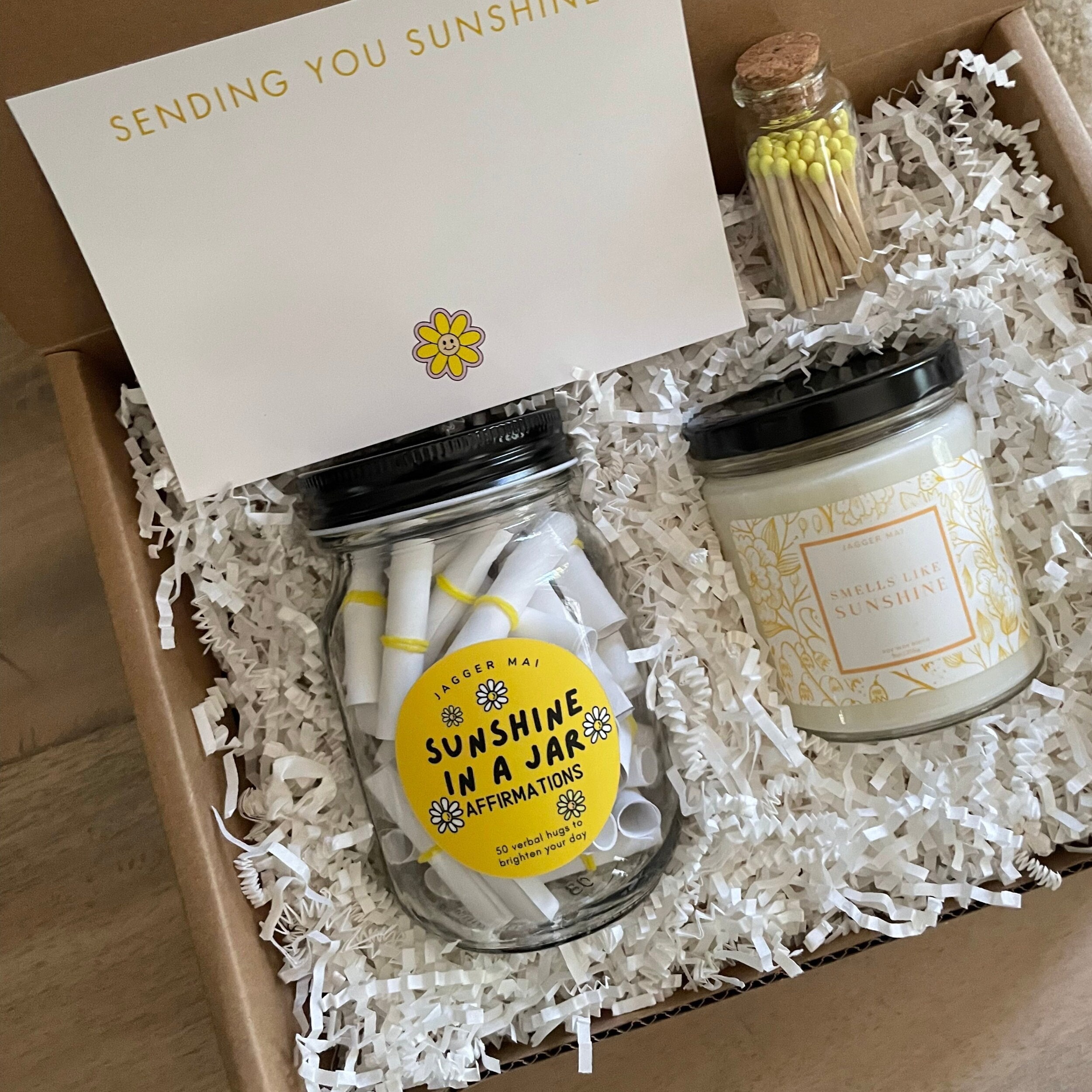 Paquete de cuidado Sending You Sunshine / Set de regalo de frasco y vela de afirmaciones / Paquete de cuidado para mejor amigo / Afirmaciones positivas y vela