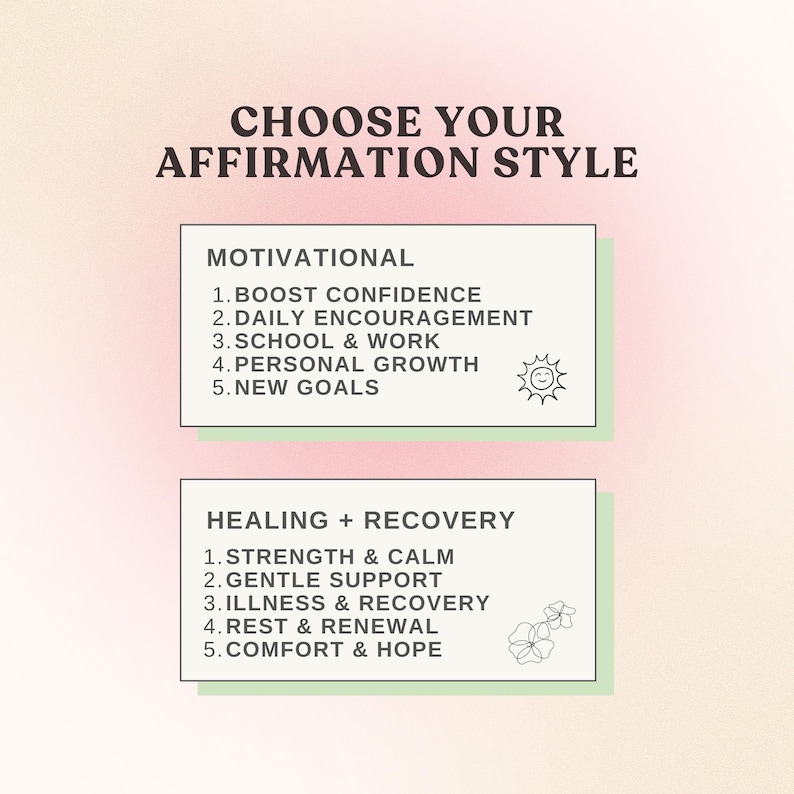 May include: A graphic with the text "CHOOSE YOUR AFFIRMATION STYLE". It lists "MOTIVATIONAL" with options like "Boost Confidence" and "NEW GOALS". Below, "HEALING + RECOVERY" offers choices such as "Strength & Calm" and "Comfort & Hope".