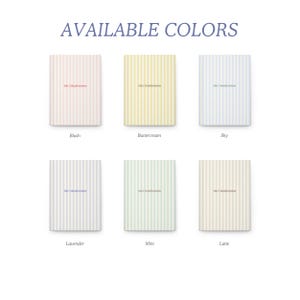 May include: Image of six notebooks in various colors: blush, buttercream, sky, lavender, mint, and latte. Each notebook has vertical stripes and the text "Mia's Mindful Moments". The words "AVAILABLE COLORS" are at the top.