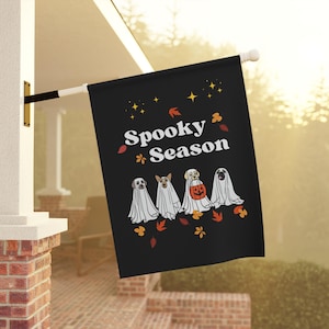 Spooky Season House Flag With Ghost Dogs | Halloween Garden Flag Decor | Trick-or-Treating Dogs Halloween Decor | Cute Spooky Outdoor Banner