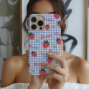 Cottagecore Erdbeer Handyhülle, Ästhetische Handyhülle für iPhone Samsung Google Pixel, süße französische Muster Kawaii Vibes