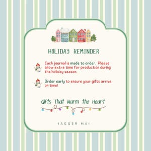 May include: A holiday-themed graphic with a green border and a striped background. The text reads "Holiday Reminder" and "Gifts That Warm the Heart." It includes a row of colorful houses and a string of lights.