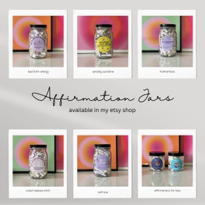 Colorful polaroids of various affirmation jars available in Jaggermai Creative's Etsy shop.