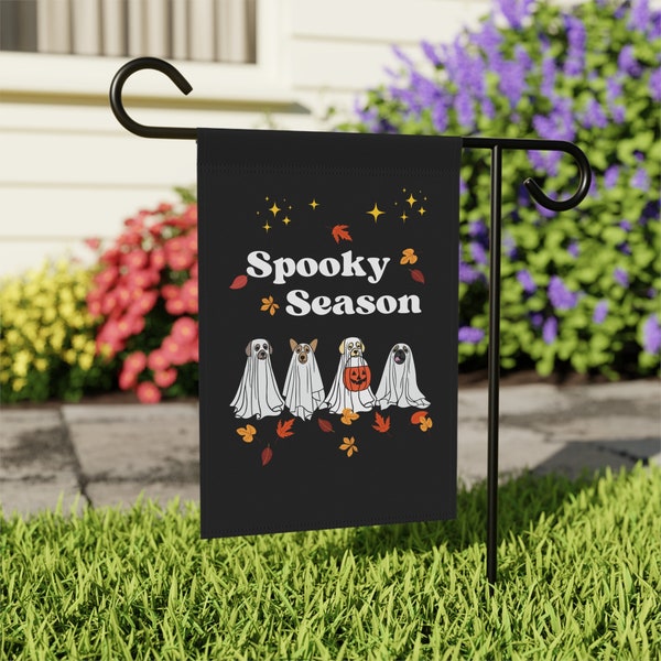 Spooky Season Garden Flag With Ghost Dogs | Halloween Garden Flag Decor | Trick-or-Treating Dogs Halloween Decor | Outdoor Banner