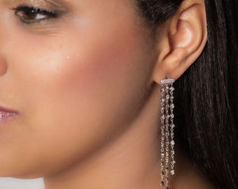 May include: A pair of long, silver dangle earrings with a row of small, clear stones. The earrings are hanging from a person's ear.