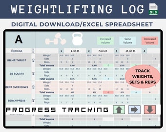 Feuille de calcul Excel d'haltérophilie, suivi de la surcharge progressive, suivi quotidien des calories protéiques et du poids, modèle de programme de musculation