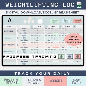 Weightlifting Excel spreadsheet, Progressive Overload tracker, protein calorie and weight daily tracker, strength training program template