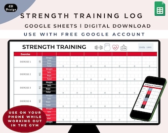 Strength Training tracker googlesheets, weight lifting log, workout weight tracker, fitness journal workout planner, compatible with phones