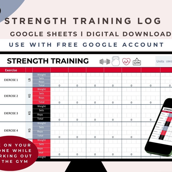 Strength Training tracker googlesheets, weight lifting log, workout weight tracker, fitness journal workout planner, compatible with phones