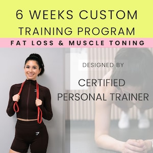 Puede incluir: Imagen que promociona un programa de entrenamiento personalizado de 6 semanas para la pérdida de grasa y la tonificación muscular. El texto está sobre un fondo verde claro y rosa. Una mujer con un atuendo deportivo marrón sostiene una cuerda para saltar roja. El programa está diseñado por un entrenador personal certificado.