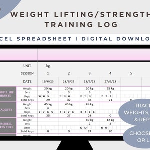 Peut inclure: Un tableur numérique rose et gris pour suivre les entraînements de musculation et de force. Le tableur comprend des colonnes pour la date, la séance, le poids, les séries, les répétitions et le nombre total de répétitions. Le tableur est conçu pour suivre les progrès au fil du temps. Le tableur est disponible en téléchargement numérique. Le texte "TRACK WEIGHTS, SETS & REPS" et "CHOOSE KG OR LB" est également inclus.