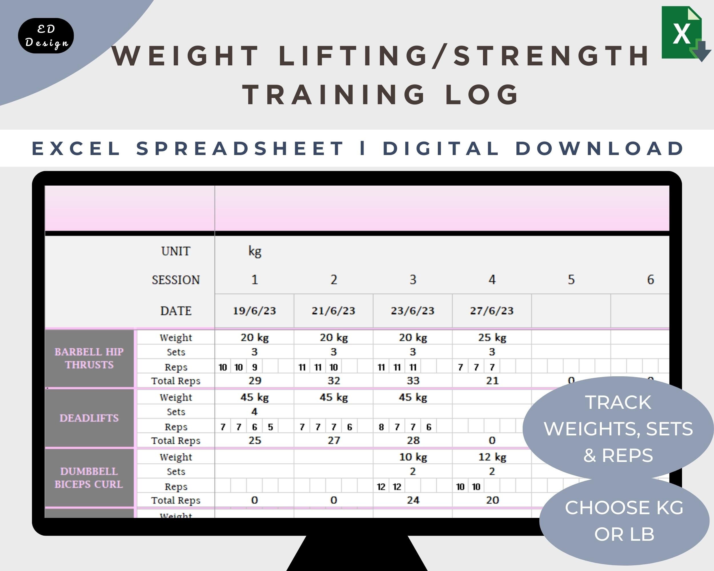 Weight Lifting Tracker Excel Spreadsheet Template Digital Strength 