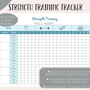 Könnte beinhalten: Ein ausdruckbarer Krafttrainings-Tracker mit dem Titel "Strength Training Tracker" oben. Der Tracker enthält Platz, um Gewicht, Wiederholungen und Sätze für 20 Trainingseinheiten aufzuzeichnen. Das Design ist in Blau- und Weißtönen gehalten.