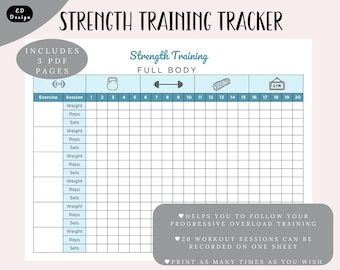Strength Training tracker printable, Weight lifting tracker, Workout tracker, Fitness journal, Instant download PDF, A4, A5, US Letter size